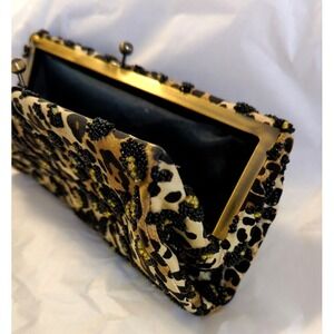 Vintage SANTI Leopard Beaded Silk Clutch Bag Purse Elegant Boutique Chic Fairy